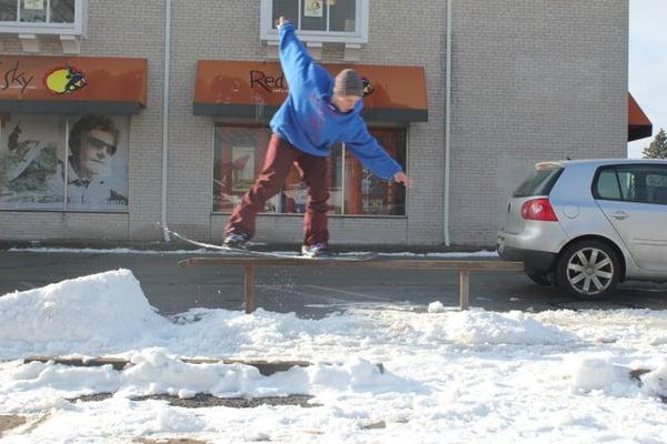 If there is snow on the ground there are usually features to hit outside the shop.