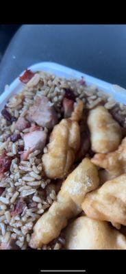 Sweet and sour chicken with pork fried rice.