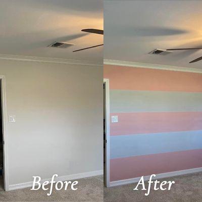 Changed the front wall from white to pink and gray stripes as an accent wall.