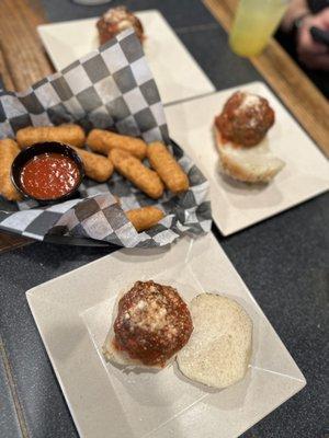 Meatball sliders and Mozzarella Sticks