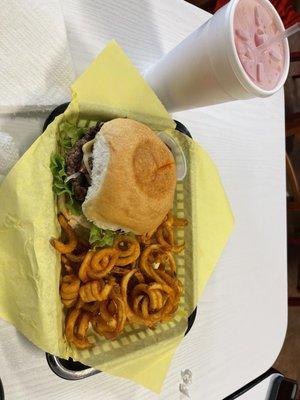 Mushroom and Swiss Burger with curly fries