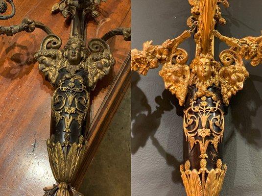 Before and after,
late 19th early 20th century 
Wall candelabra, professional cleaning by Vramyan Interiors