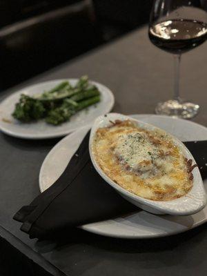 Lasagna and broccolini.