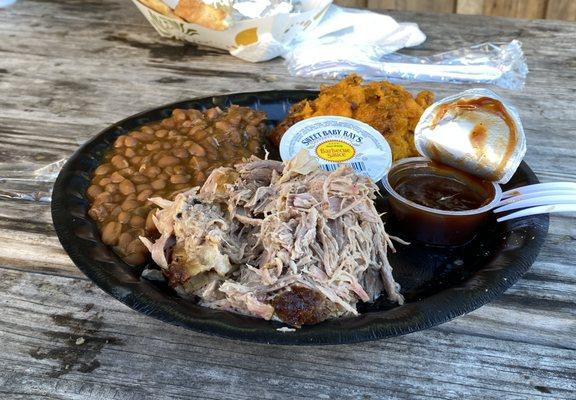 Pulled pork, bbq baked beans and sweet potato casserole.