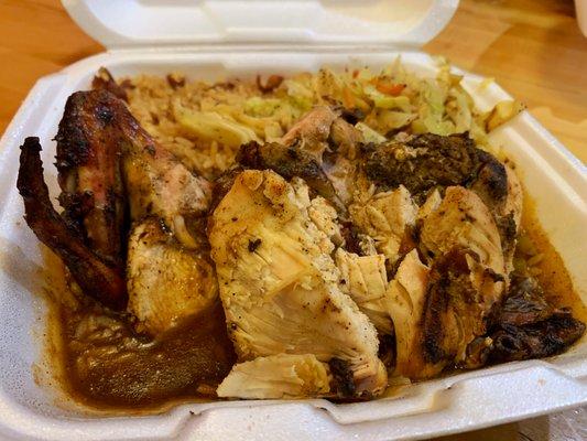 Jerk Chicken with cabbage and rice & peas