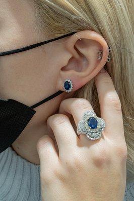 Sapphire and Diamond Earrings and Ring