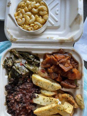 Mob Plate: brisket, candied yams, smackaroni, and mob fries.