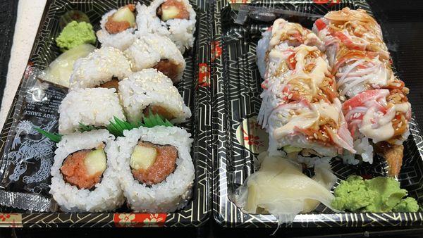 (Left) Spicy Tuna,  (right) Tiger Roll