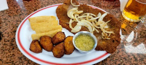 Bistec Empanizado with Fried Yucca and Fried Plantain