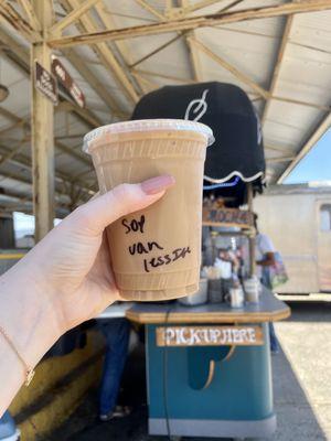 iced latte with soy milk, and vanilla syrup