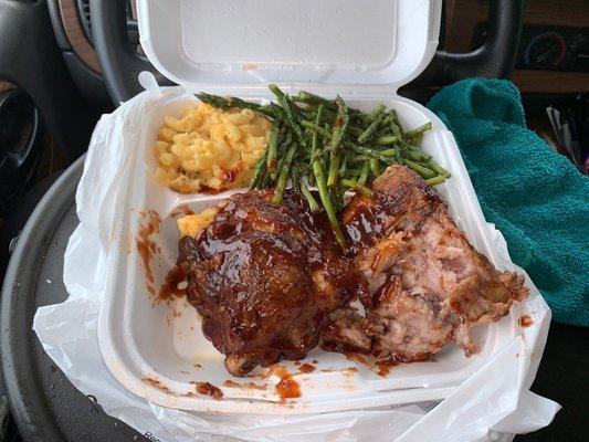 One of their plate lunch/hot bar specials (10-2) today. Baby back ribs, mac & cheese & asparagus. Delicious! $12.99.