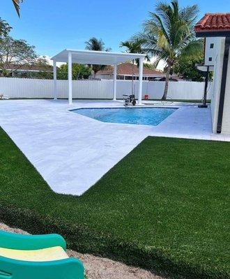 Backyard, artificial turf, and paver installation