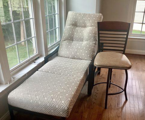 Our Sunroom: new chaise lounge and old chair we matched up.