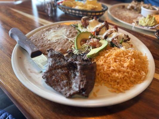 Mar Y Tierra (carne asada with bacon wrapped shrimp)