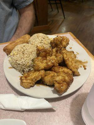 Fried rice and egg roll and General Tso's chicken