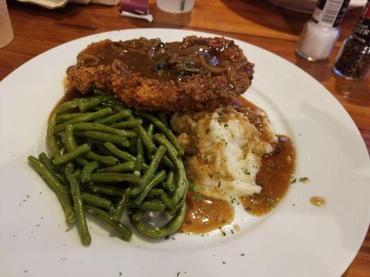 Southern Fried Pork Chop, Garlic Mashed potatoes and Mushroom gravy and Green beans