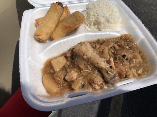 Chicken adobo with pork lumpia and steamed rice.