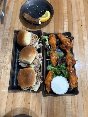 Pulled pork sliders and Buffalo wings