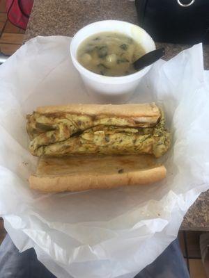 Pepper and egg sandwich and cream of spinach soup