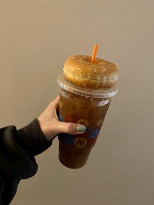 Cold Brew Coffee w/ French vanilla swirl & a glazed donut