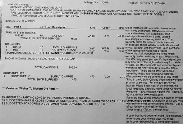 This is my invoice, charging a $205 service fee to confirm what should have seemed obvious to a professional mechanic (fuel cap).