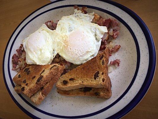 Home made corned beef hash, 2 eggs and toast!