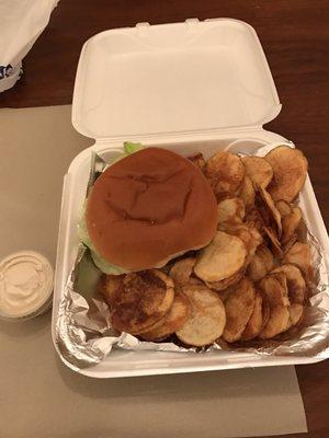 Cheeseburgers and chips.