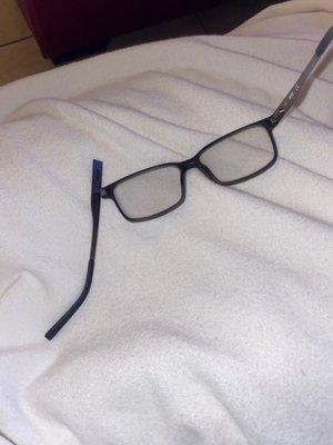 A cheap broken pair of glasses purchased from Texas Vision Clinic