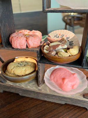 Peach Blossom Pastry Cake, Assorted Nuts, Walnut Cookies, and Porket Mousse