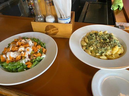 Buffalo chicken salad and spinach artichoke Mac and cheese