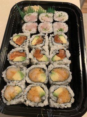 Yellowtail scallion roll, seared salmon and avocado roll, spicy white tuna and avocado roll