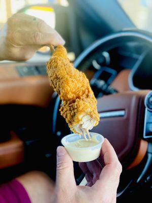 "Big chicken on a stick" jalapeño ranch dipping sauce is SUPER SPICY BABY! Woohoo! :)...