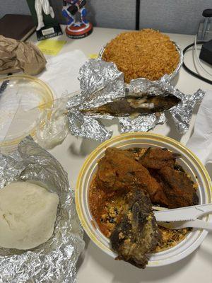 Egusi with Stew, Pounded Yam, Goat, Chicken, Suya, and Jollof Rice