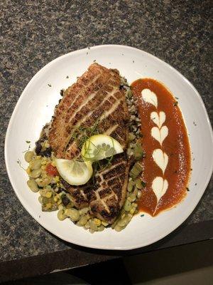 Amazing pan seared red snapper, succotash, red pepper coulis. Absolutely delicious!