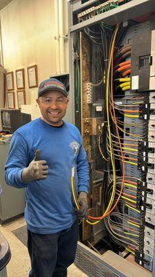 Electrician was working on a main panel at a church campus he was Installing a 100 feed in the panel. His work was excellent.