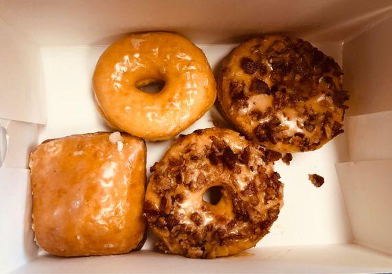 Maple Bacon Donut, glazed donut, and strawberry filled