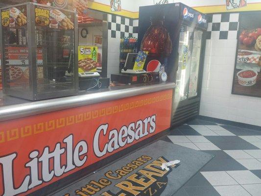 Counter and soda machine.