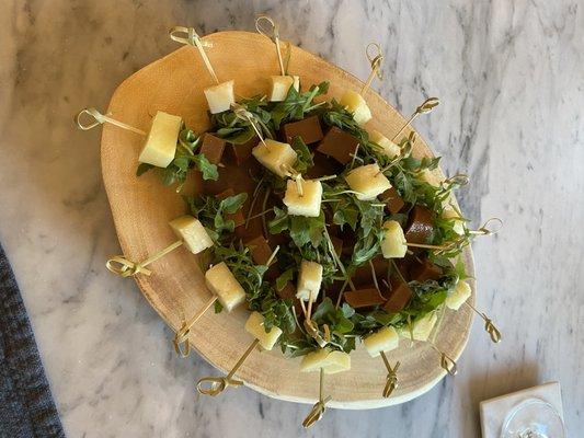 Arugula, Quince & Manchego cheese skewers