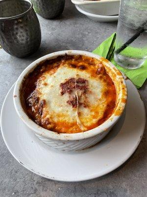 Lasagna in its own crock.