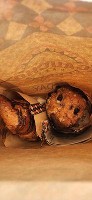 (Left) chocolate croisant (right) blueberry muffin