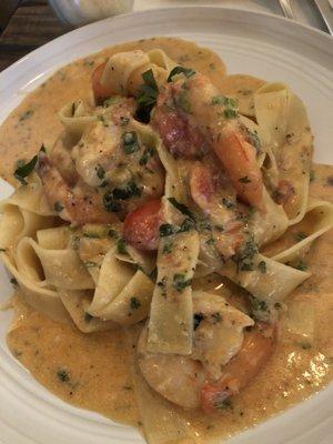 Papperdelle with a shrimp scampi sauce