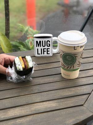 Love this spam, egg and daikon musubi with latte!