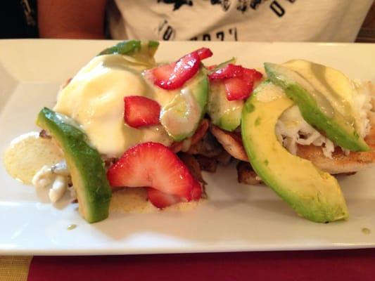 Crab and avocado eggs Benedict