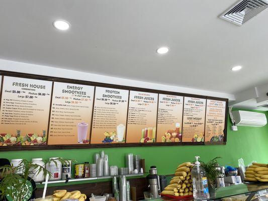 Menu of natural juices and smoothies