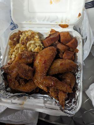 Sweet Chili Chicken Wings w/ Mac and Cheese and Canned Yams