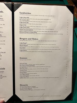 Menu - Sandwiches, Burgers and Sliders, Entrees, Desserts