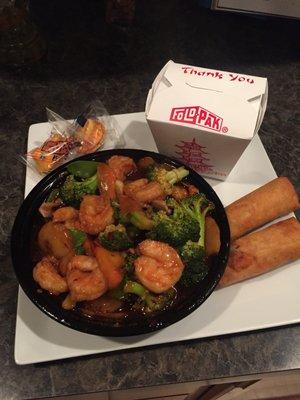 The Hunan Shrimp, so good, always plenty and actually enough for two meals. Vegetable egg rolls on the side. Spicy as you request.