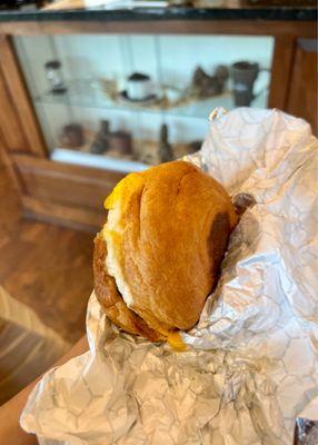 Croissant sausage egg and cheese breakfast sandwich