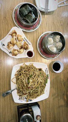 Crab Wontons, soup dumplings, chicken Chow Mein, sticky rice  wraps