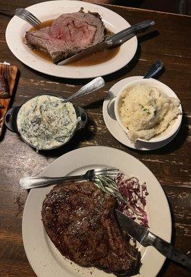 Prime Rib up top and Bone-In Rib-eye with Creamed Spinach and  Mashed potatoes